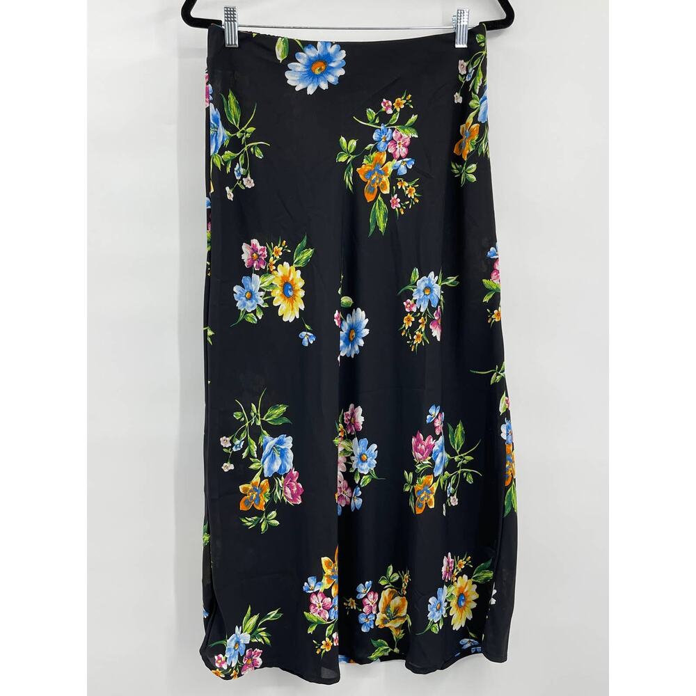 Ambiance Apparel Womens Black Floral Midi Skirt Large NEW Flowy Elastic Waist